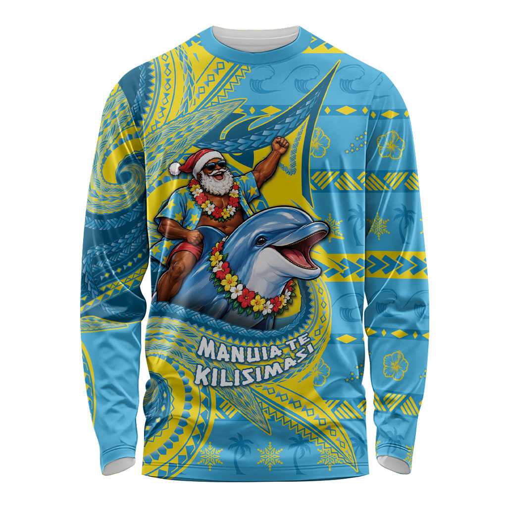 Tuvalu Christmas Long Sleeve Shirt Santa Riding Ocean Dolphin DT05 Unisex Blue - Polynesian Pride