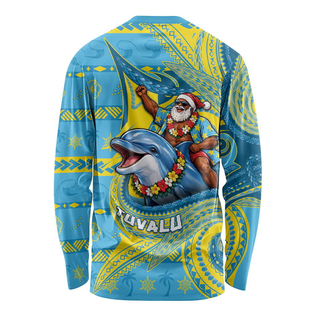 Tuvalu Christmas Long Sleeve Shirt Santa Riding Ocean Dolphin