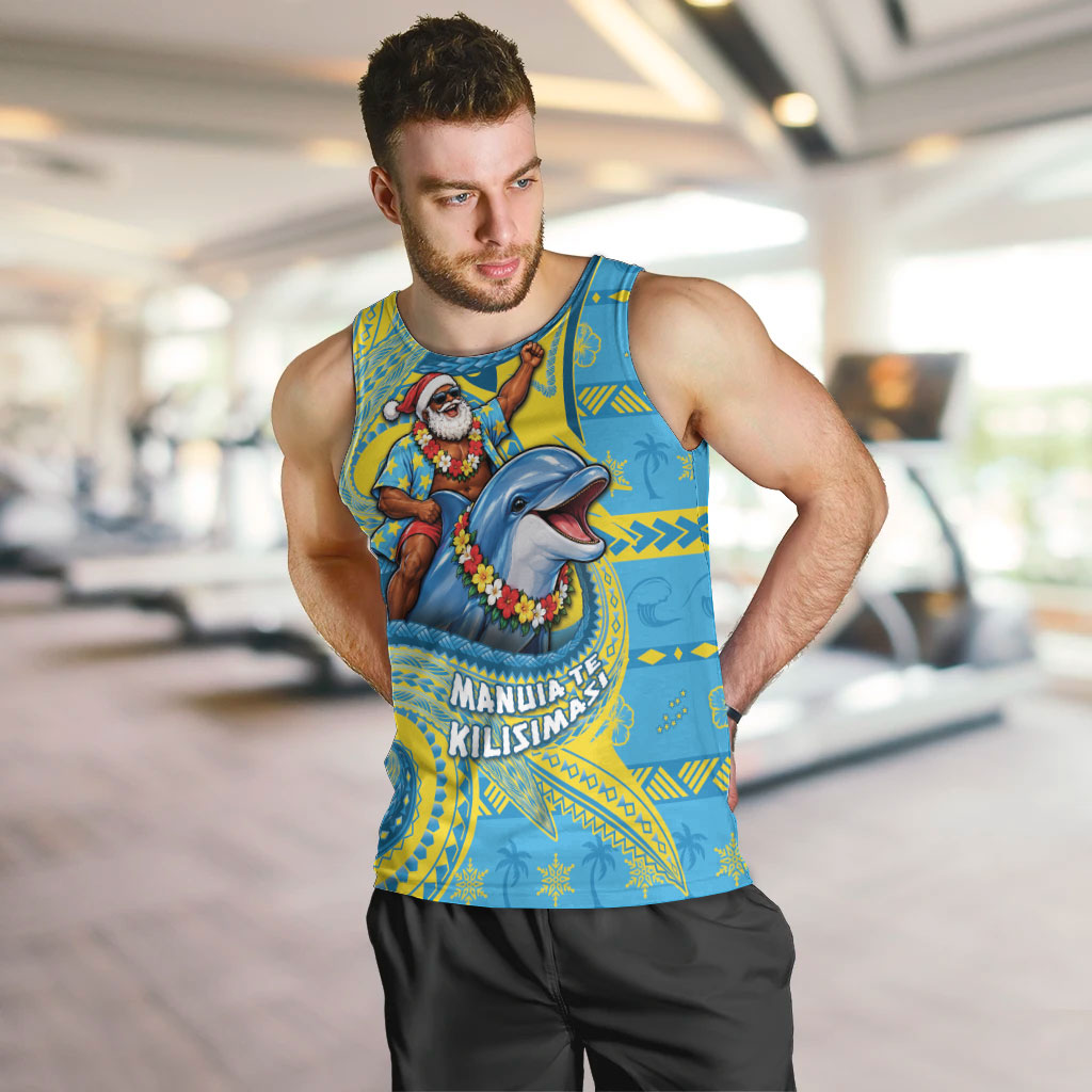 Tuvalu Christmas Men Tank Top Santa Riding Ocean Dolphin DT05 Blue - Polynesian Pride