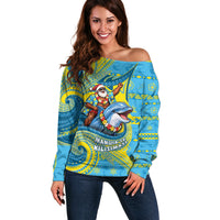 Tuvalu Christmas Off Shoulder Sweater Santa Riding Ocean Dolphin DT05 Women Blue - Polynesian Pride