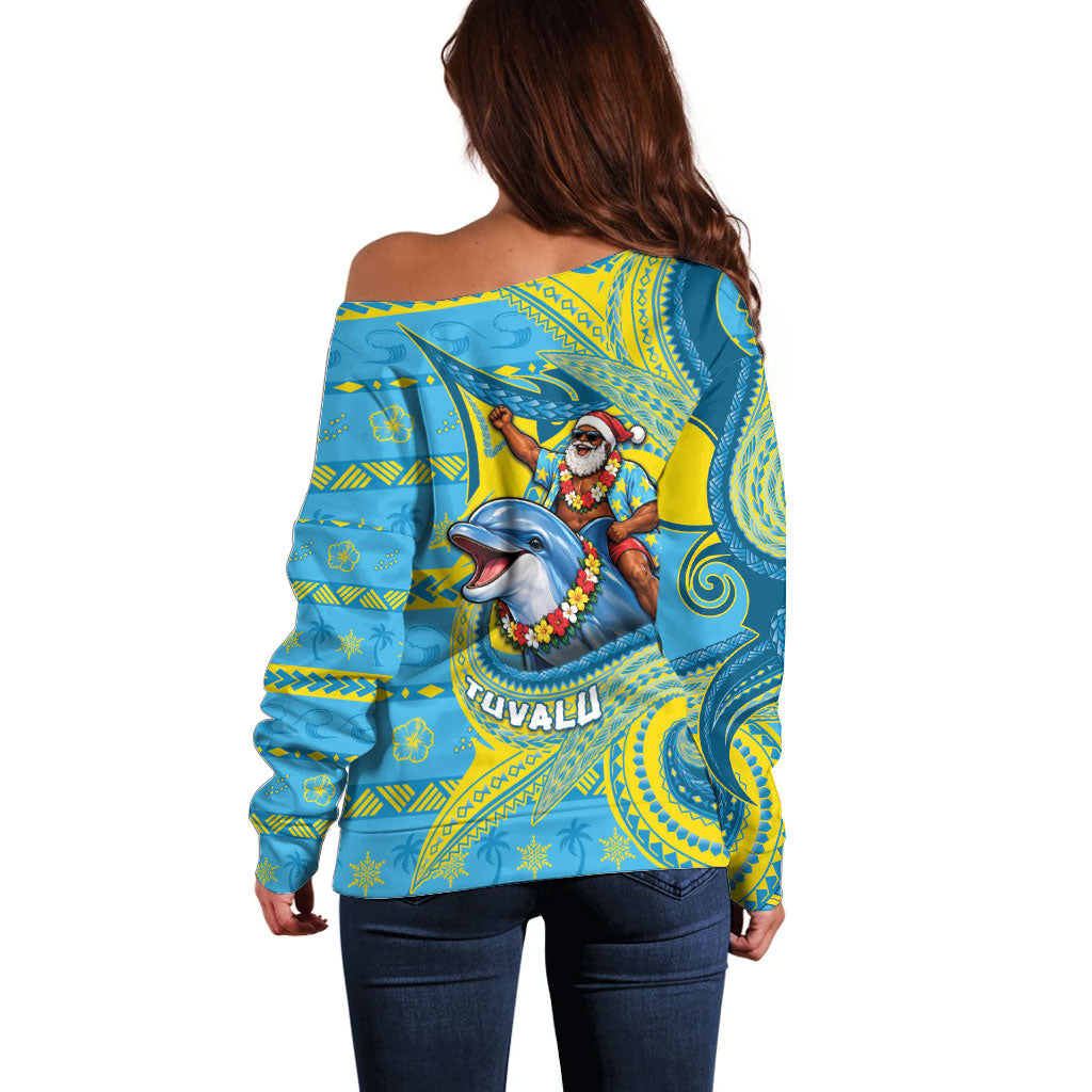 Tuvalu Christmas Off Shoulder Sweater Santa Riding Ocean Dolphin DT05 - Polynesian Pride