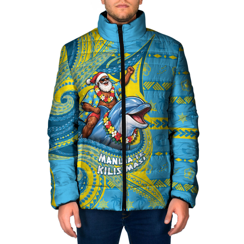 Tuvalu Christmas Padded Jacket Santa Riding Ocean Dolphin DT05 Men Blue - Polynesian Pride