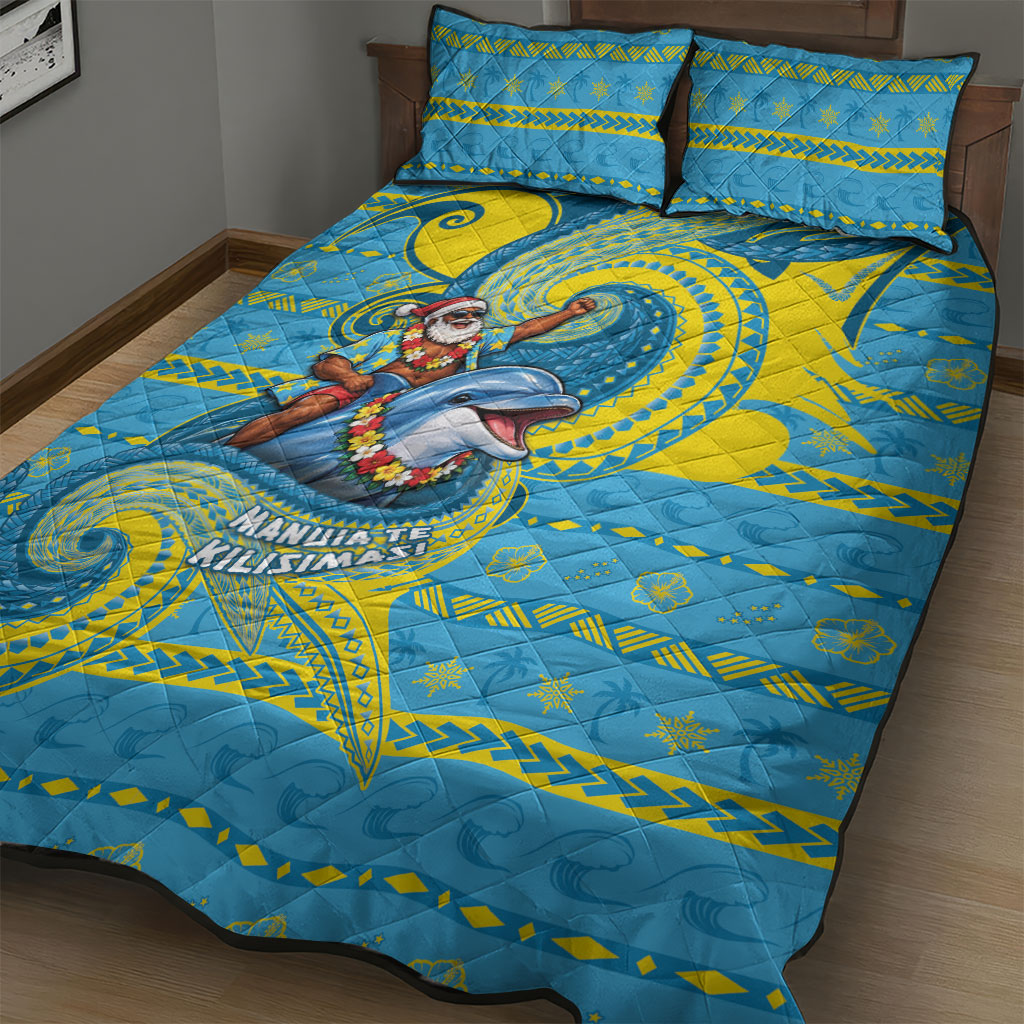 Tuvalu Christmas Quilt Bed Set Santa Riding Ocean Dolphin