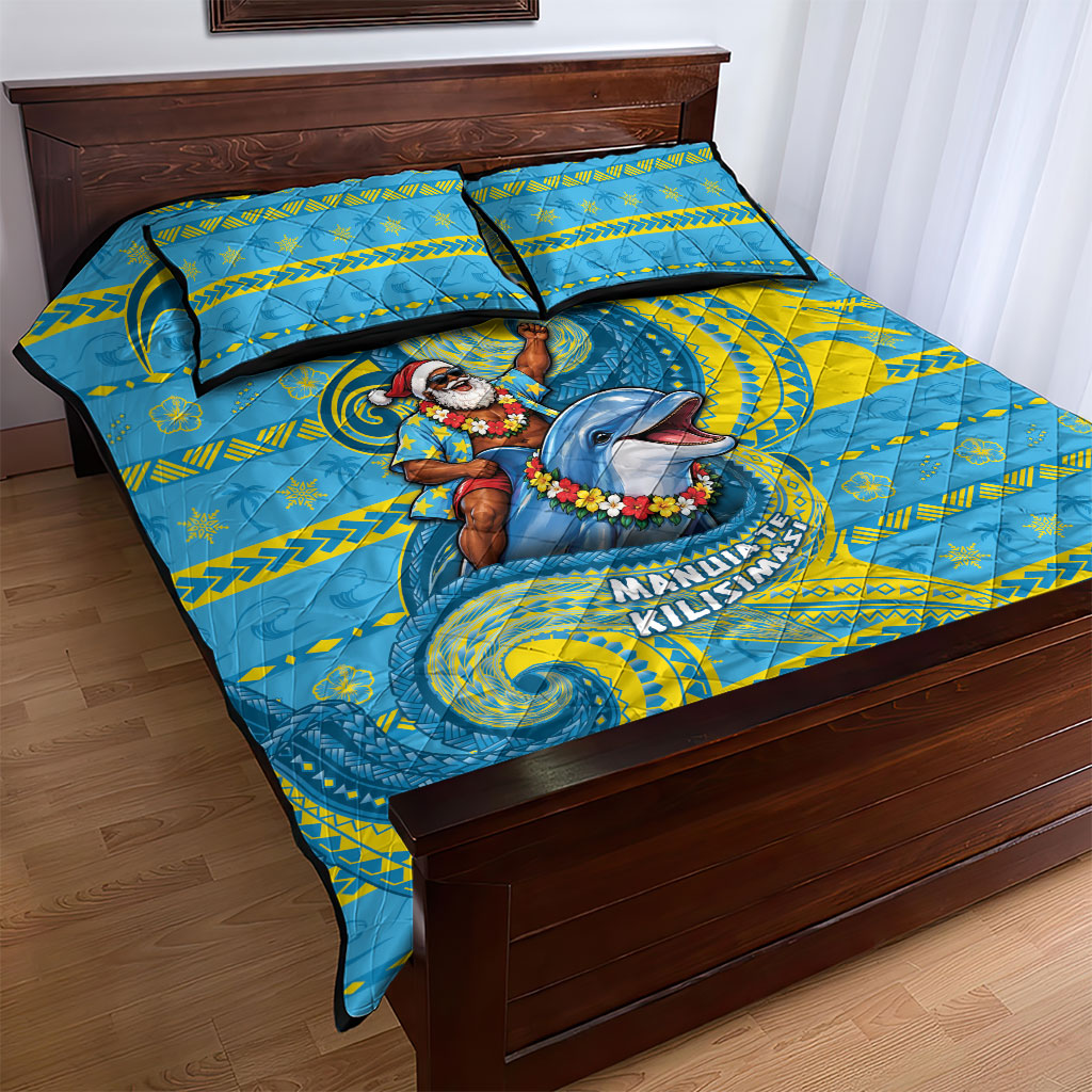 Tuvalu Christmas Quilt Bed Set Santa Riding Ocean Dolphin