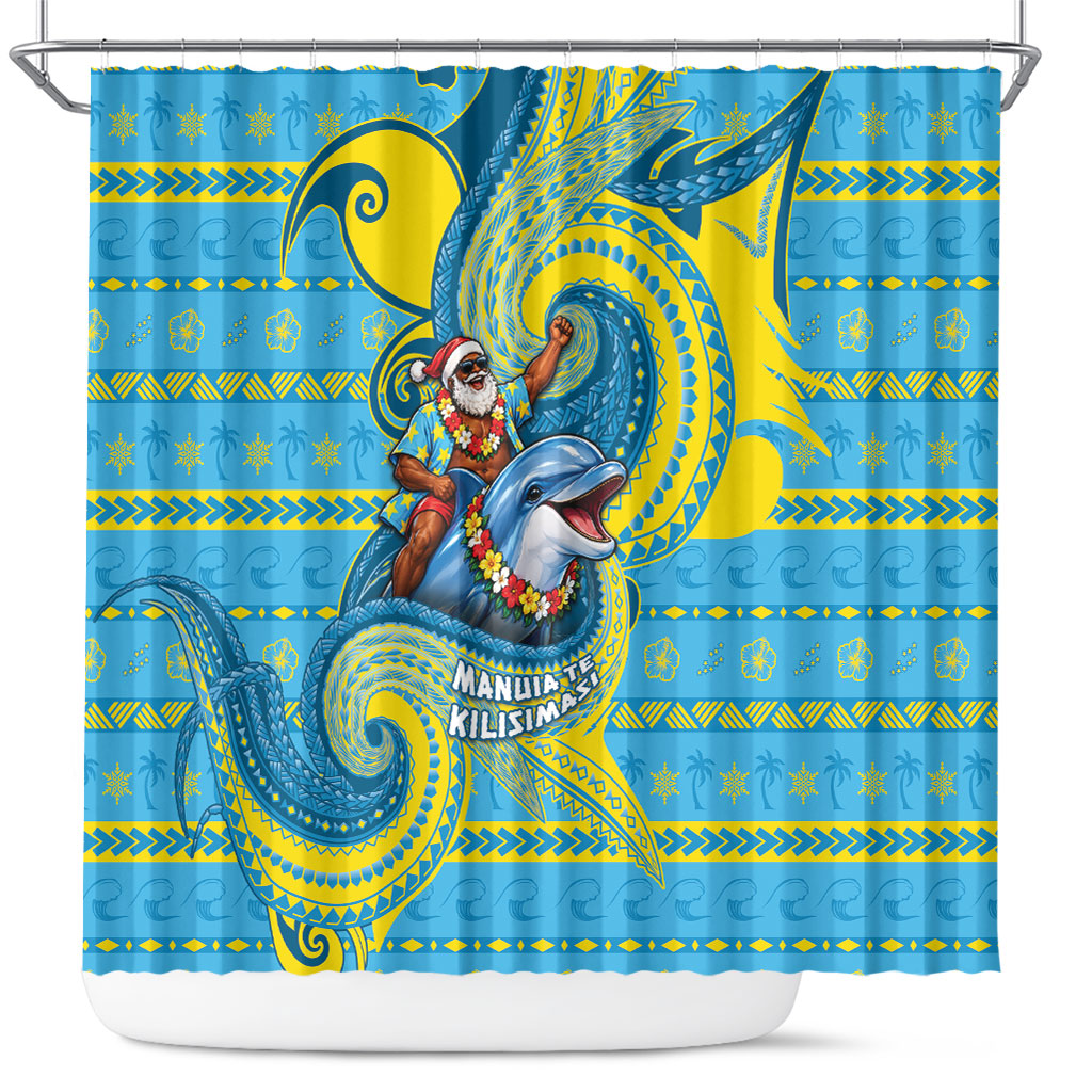 Tuvalu Christmas Shower Curtain Santa Riding Ocean Dolphin