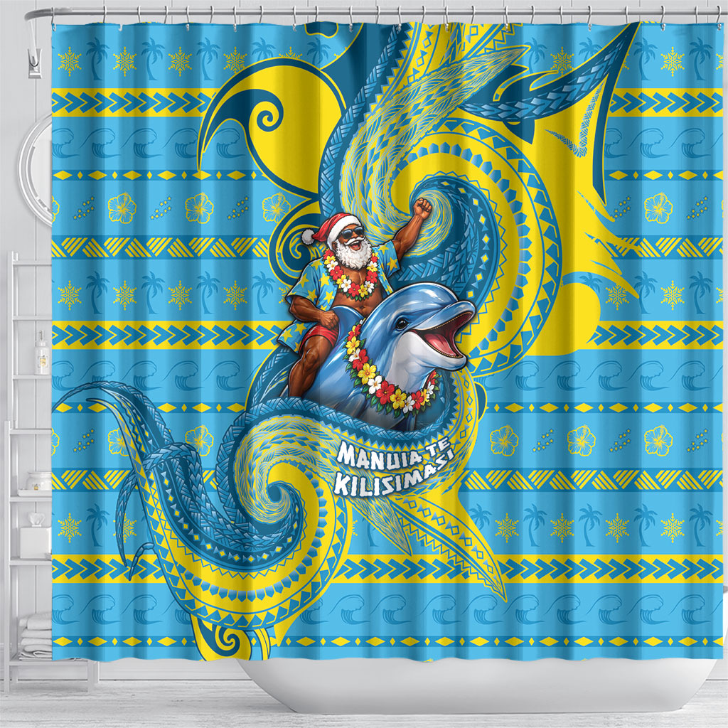 Tuvalu Christmas Shower Curtain Santa Riding Ocean Dolphin