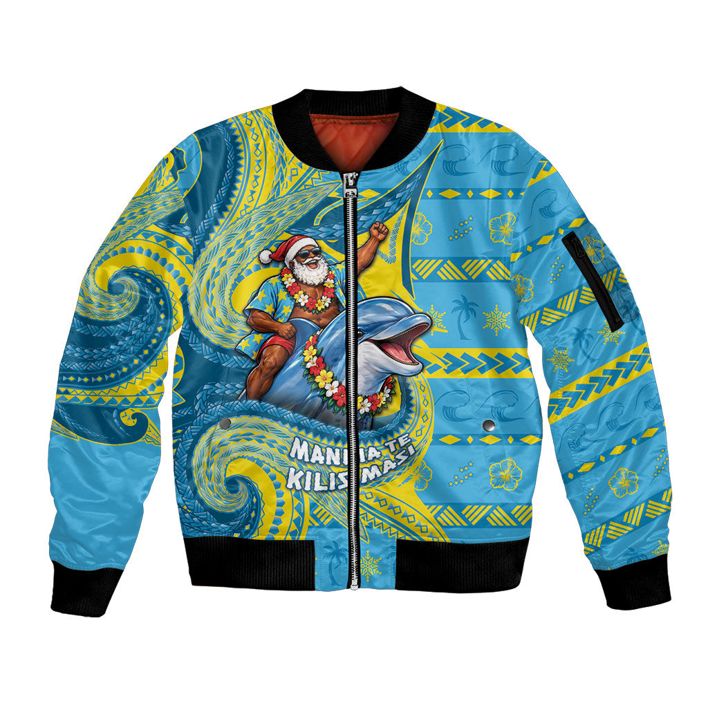 Tuvalu Christmas Sleeve Zip Bomber Jacket Santa Riding Ocean Dolphin DT05 Unisex Blue - Polynesian Pride
