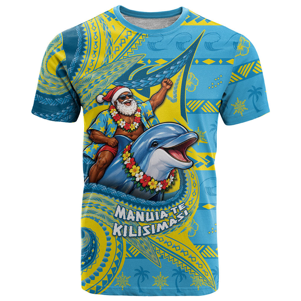 Tuvalu Christmas T Shirt Santa Riding Ocean Dolphin DT05 Blue - Polynesian Pride