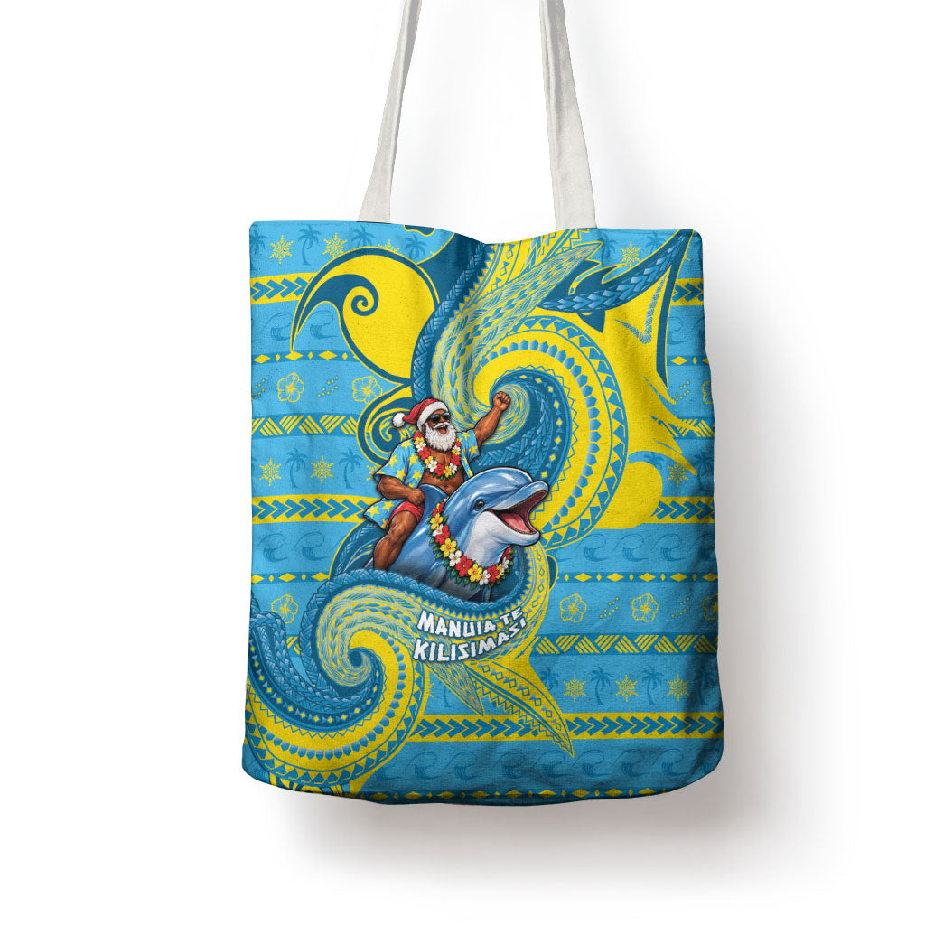 Tuvalu Christmas Tote Bag Santa Riding Ocean Dolphin