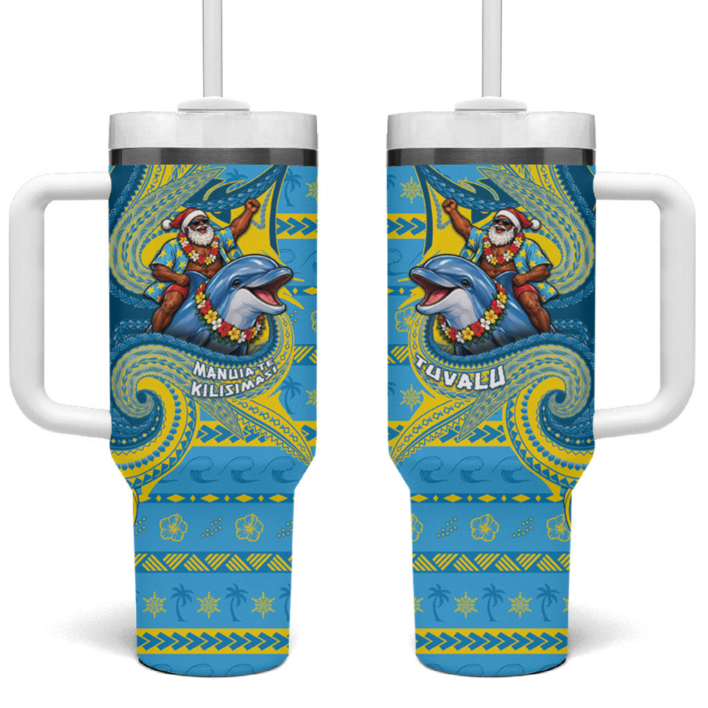 Tuvalu Christmas Tumbler With Handle Santa Riding Ocean Dolphin