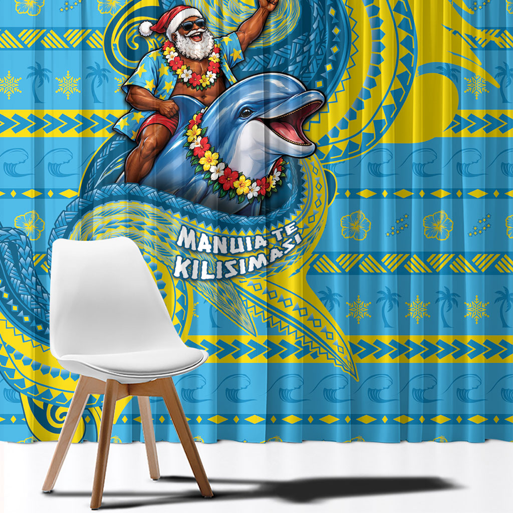 Tuvalu Christmas Window Curtain Santa Riding Ocean Dolphin