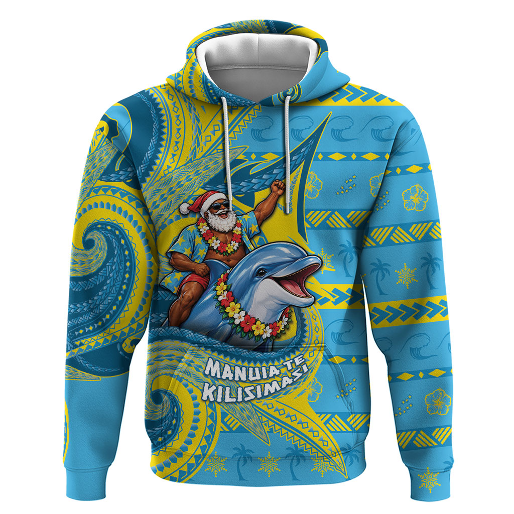 Tuvalu Christmas Zip Hoodie Santa Riding Ocean Dolphin DT05 Pullover Hoodie Blue - Polynesian Pride