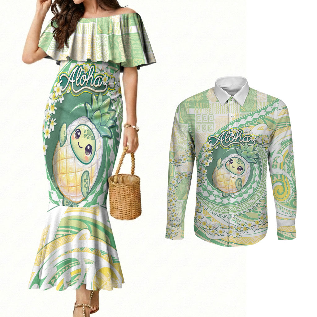 Hawaii Pineapple Couples Matching Mermaid Dress and Long Sleeve Button Shirt Cute Cosplay Turtle Plumeria Spiral DT05 Mint - Polynesian Pride