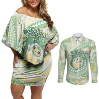 Hawaii Pineapple Couples Matching Off Shoulder Short Dress and Long Sleeve Button Shirt Cute Cosplay Turtle Plumeria Spiral DT05 Mint - Polynesian Pride
