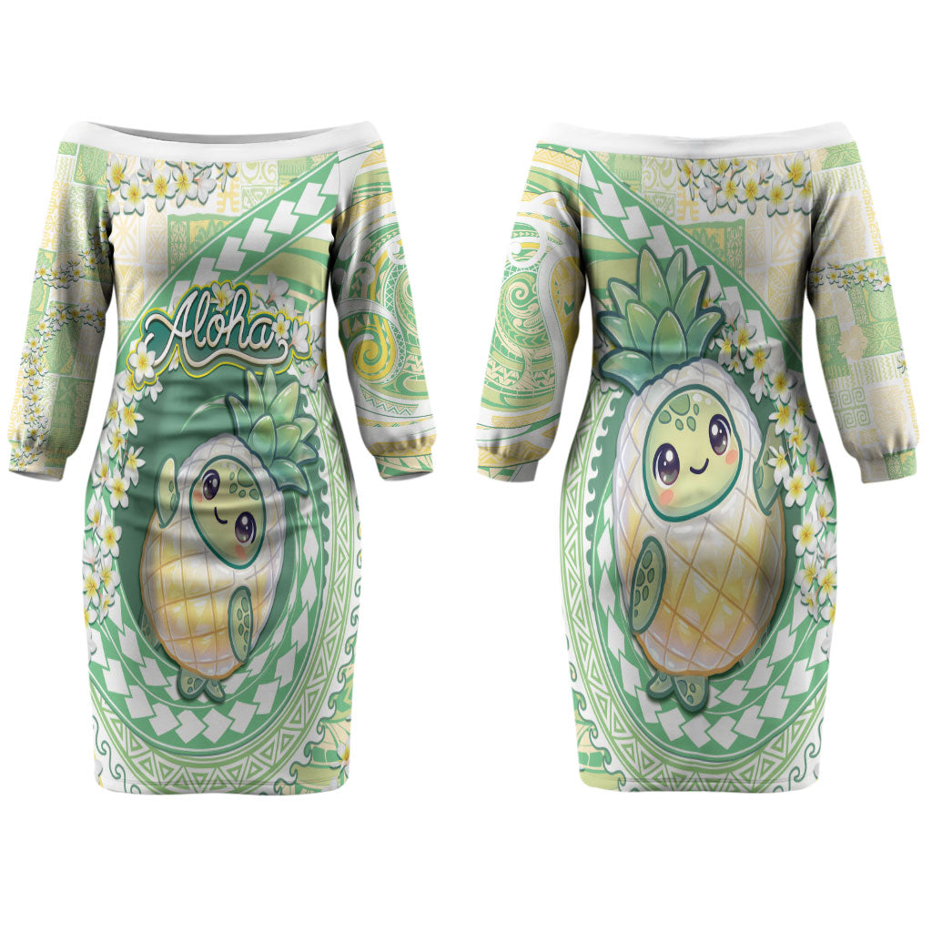 Hawaii Pineapple Couples Matching Off The Shoulder Long Sleeve Dress and Long Sleeve Button Shirt Cute Cosplay Turtle Plumeria Spiral DT05 - Polynesian Pride