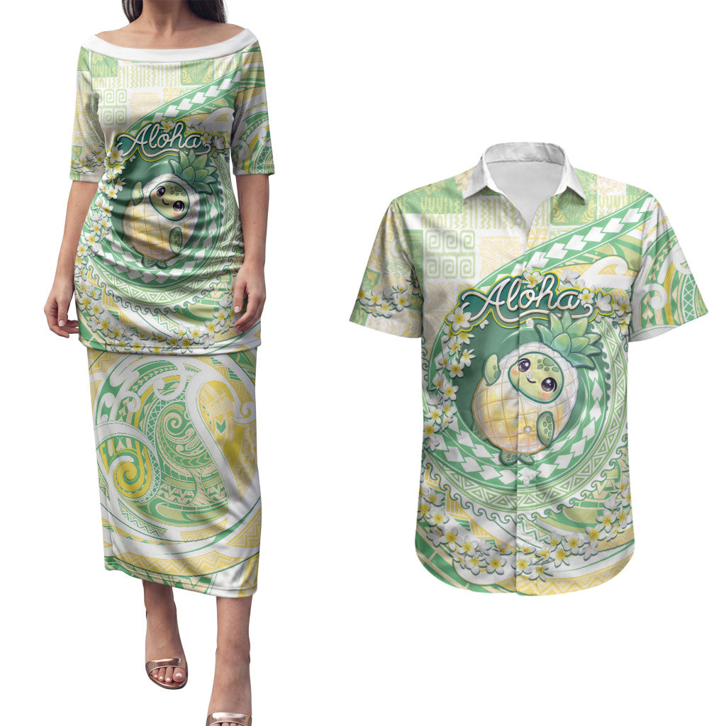 Hawaii Pineapple Couples Matching Puletasi and Hawaiian Shirt Cute Cosplay Turtle Plumeria Spiral DT05 Mint - Polynesian Pride