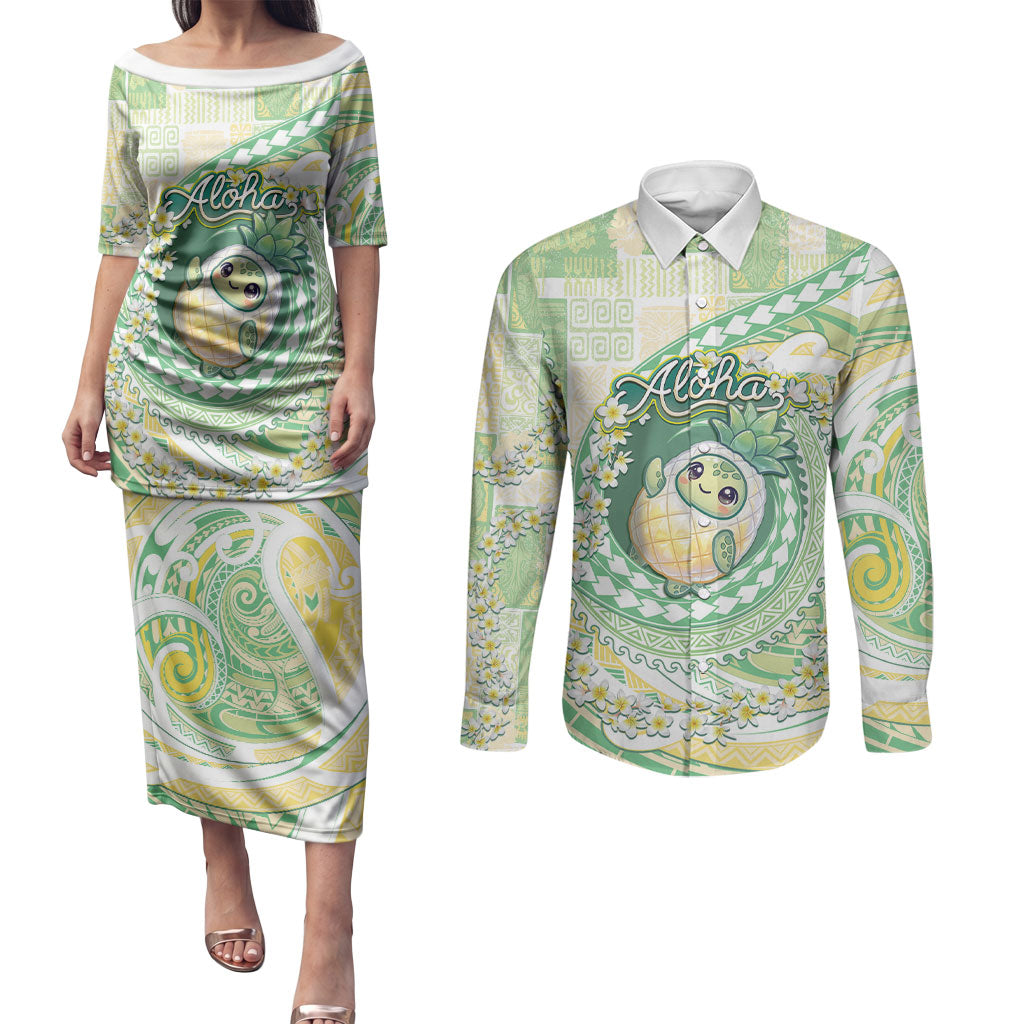 Hawaii Pineapple Couples Matching Puletasi and Long Sleeve Button Shirt Cute Cosplay Turtle Plumeria Spiral DT05 Mint - Polynesian Pride