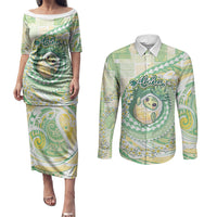 Hawaii Pineapple Couples Matching Puletasi and Long Sleeve Button Shirt Cute Cosplay Turtle Plumeria Spiral DT05 Mint - Polynesian Pride