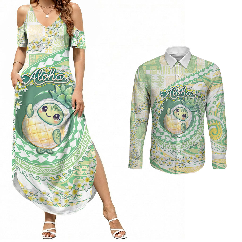 Hawaii Pineapple Couples Matching Summer Maxi Dress and Long Sleeve Button Shirt Cute Cosplay Turtle Plumeria Spiral DT05 Mint - Polynesian Pride
