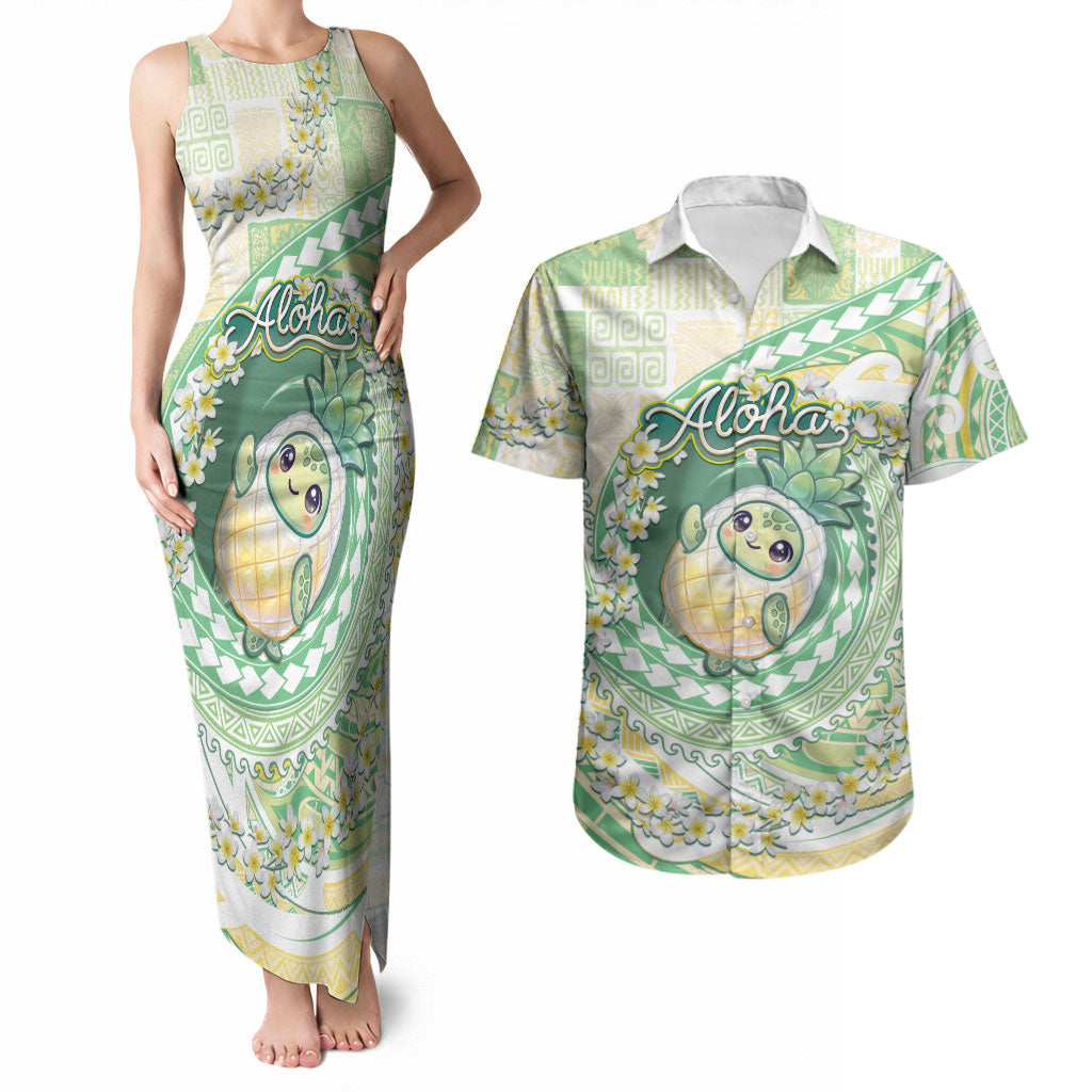 Hawaii Pineapple Couples Matching Tank Maxi Dress and Hawaiian Shirt Cute Cosplay Turtle Plumeria Spiral DT05 Mint - Polynesian Pride