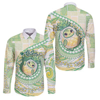 Hawaii Pineapple Family Matching Long Sleeve Bodycon Dress and Hawaiian Shirt Cute Cosplay Turtle Plumeria Spiral DT05 Dad's Shirt - Long Sleeve Mint - Polynesian Pride
