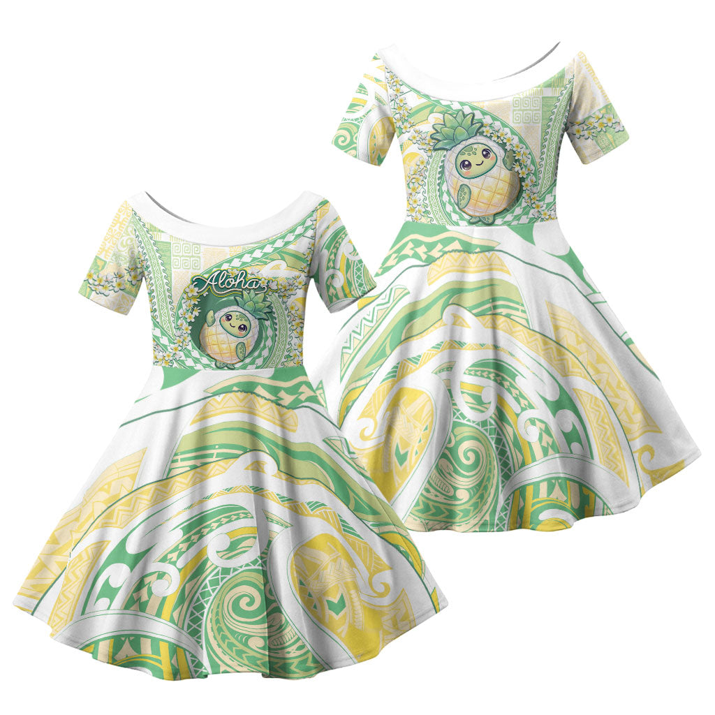 Hawaii Pineapple Family Matching Off The Shoulder Long Sleeve Dress and Hawaiian Shirt Cute Cosplay Turtle Plumeria Spiral DT05 Daughter's Dress Mint - Polynesian Pride
