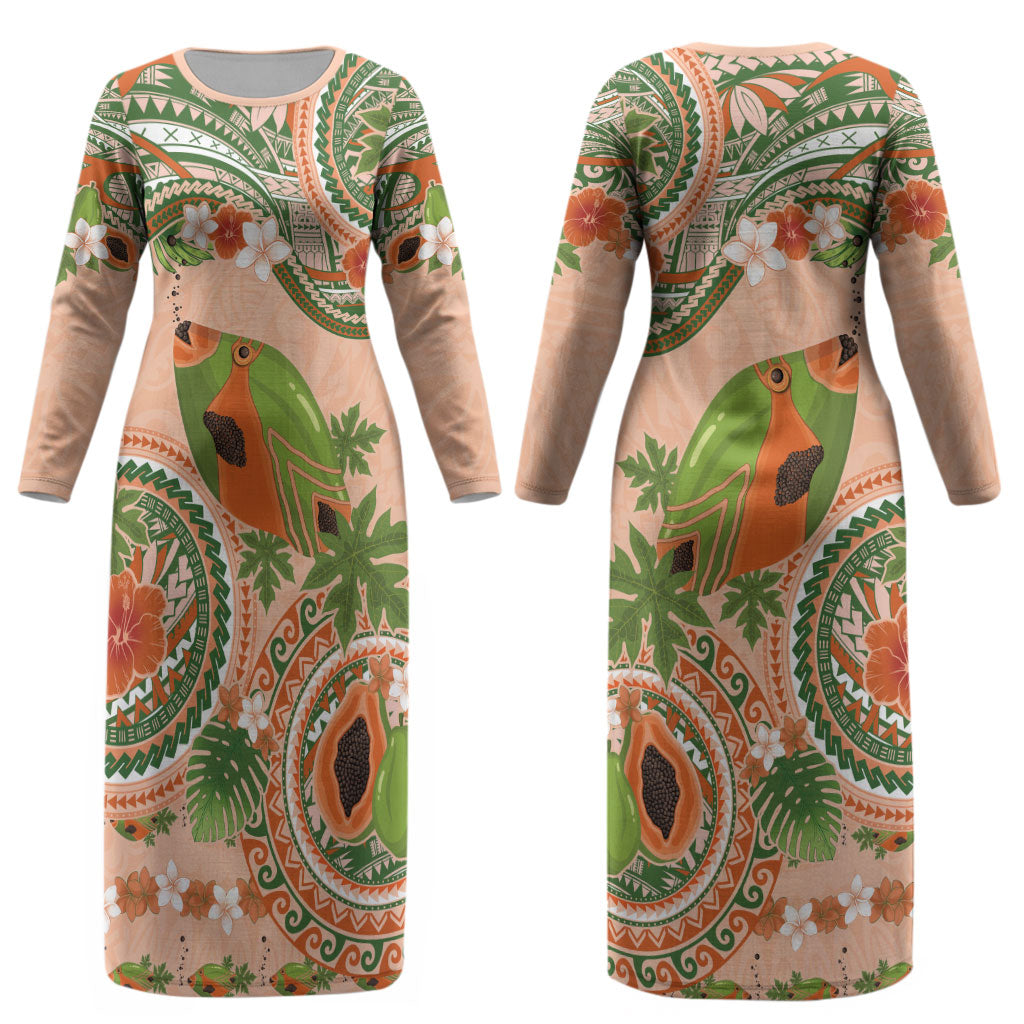 Hawaii Papaya Couples Matching Long Sleeve Bodycon Dress and Hawaiian Shirt Cute Cosplay Humuhumu Fish Plumeria Waves DT05 - Polynesian Pride