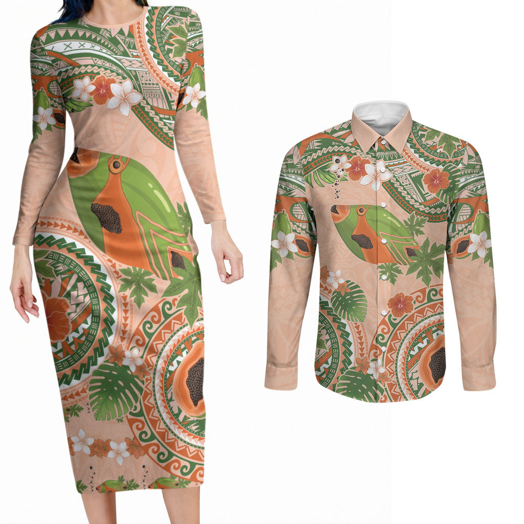 Hawaii Papaya Couples Matching Long Sleeve Bodycon Dress and Long Sleeve Button Shirt Cute Cosplay Humuhumu Fish Plumeria Waves DT05 Orange - Polynesian Pride