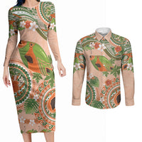 Hawaii Papaya Couples Matching Long Sleeve Bodycon Dress and Long Sleeve Button Shirt Cute Cosplay Humuhumu Fish Plumeria Waves DT05 Orange - Polynesian Pride