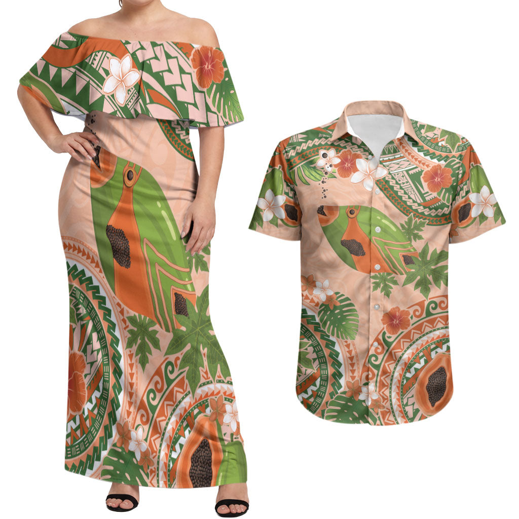 Hawaii Papaya Couples Matching Off Shoulder Maxi Dress and Hawaiian Shirt Cute Cosplay Humuhumu Fish Plumeria Waves DT05 Orange - Polynesian Pride