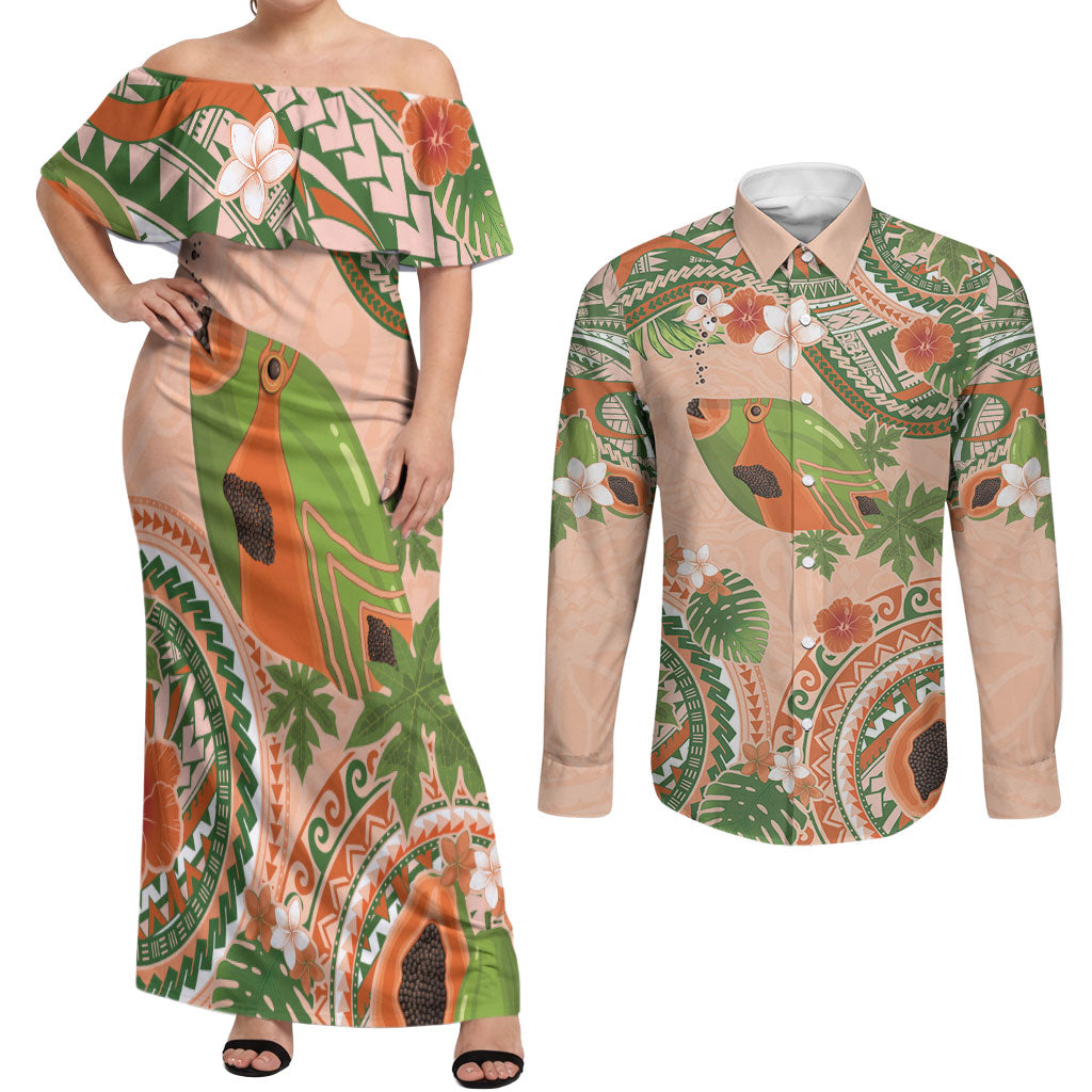 Hawaii Papaya Couples Matching Off Shoulder Maxi Dress and Long Sleeve Button Shirt Cute Cosplay Humuhumu Fish Plumeria Waves DT05 Orange - Polynesian Pride