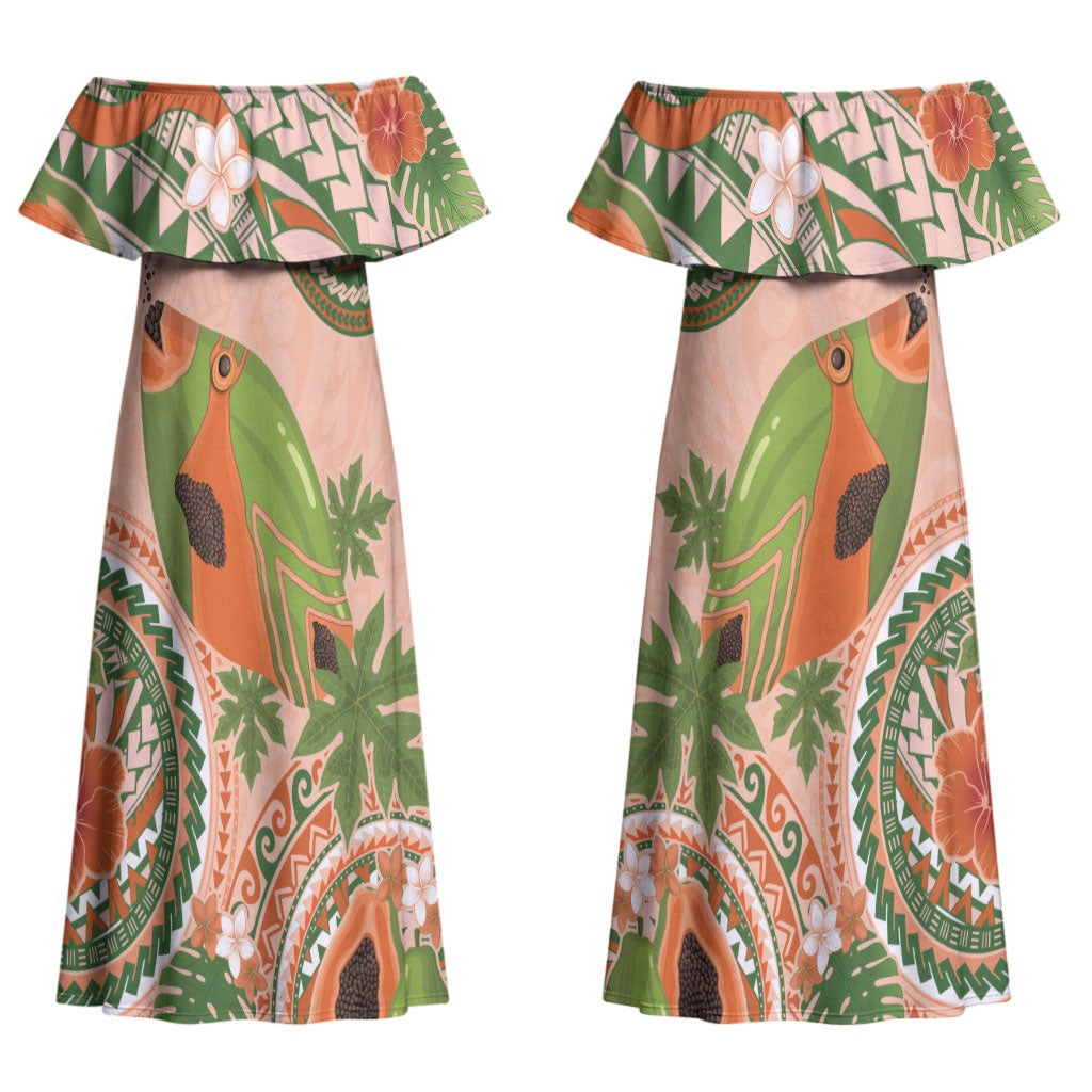 Hawaii Papaya Couples Matching Off Shoulder Maxi Dress and Long Sleeve Button Shirt Cute Cosplay Humuhumu Fish Plumeria Waves DT05 - Polynesian Pride