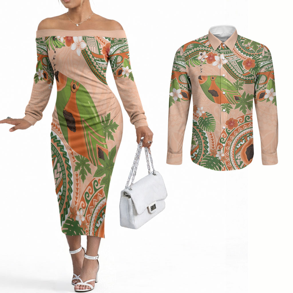 Hawaii Papaya Couples Matching Off The Shoulder Long Sleeve Dress and Long Sleeve Button Shirt Cute Cosplay Humuhumu Fish Plumeria Waves DT05 Orange - Polynesian Pride