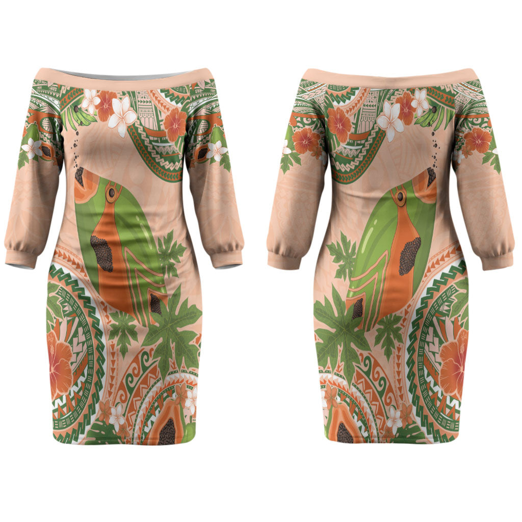 Hawaii Papaya Couples Matching Off The Shoulder Long Sleeve Dress and Long Sleeve Button Shirt Cute Cosplay Humuhumu Fish Plumeria Waves DT05 - Polynesian Pride