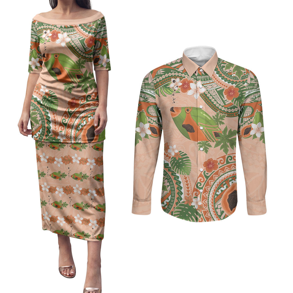 Hawaii Papaya Couples Matching Puletasi and Long Sleeve Button Shirt Cute Cosplay Humuhumu Fish Plumeria Waves DT05 Orange - Polynesian Pride