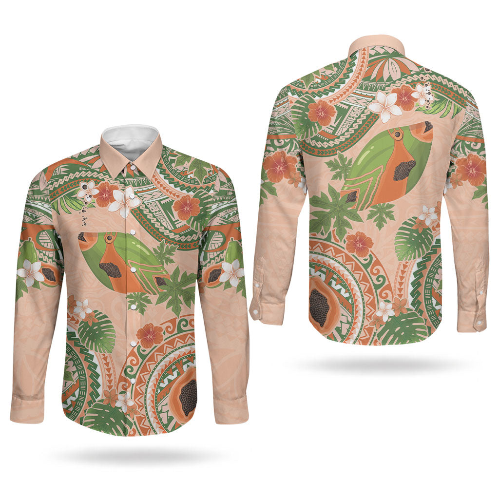 Hawaii Papaya Couples Matching Puletasi and Long Sleeve Button Shirt Cute Cosplay Humuhumu Fish Plumeria Waves DT05 - Polynesian Pride