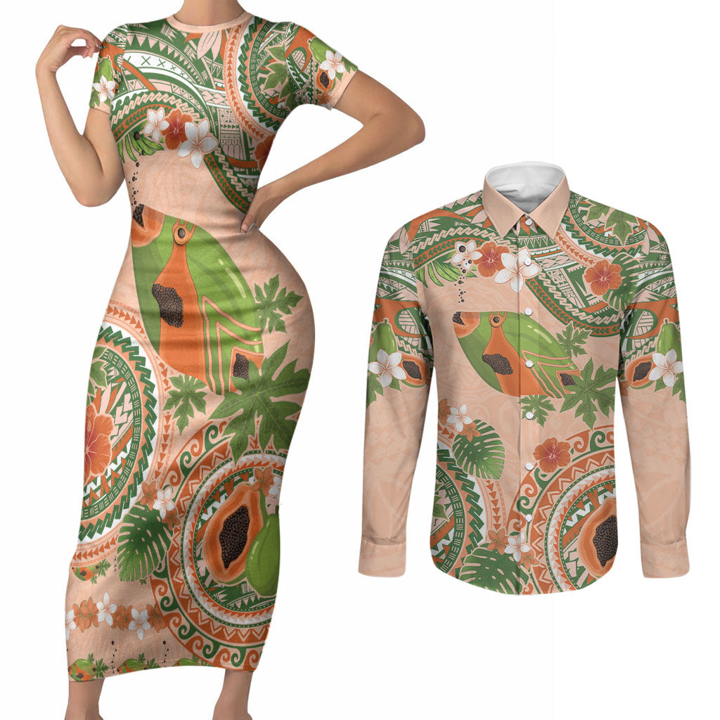 Hawaii Papaya Couples Matching Short Sleeve Bodycon Dress and Long Sleeve Button Shirt Cute Cosplay Humuhumu Fish Plumeria Waves DT05 Orange - Polynesian Pride