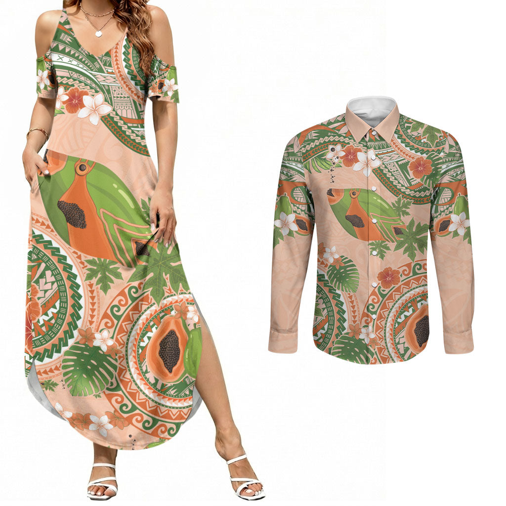 Hawaii Papaya Couples Matching Summer Maxi Dress and Long Sleeve Button Shirt Cute Cosplay Humuhumu Fish Plumeria Waves DT05 Orange - Polynesian Pride