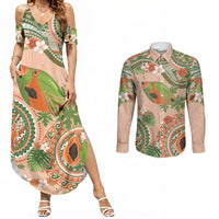 Hawaii Papaya Couples Matching Summer Maxi Dress and Long Sleeve Button Shirt Cute Cosplay Humuhumu Fish Plumeria Waves DT05 Orange - Polynesian Pride