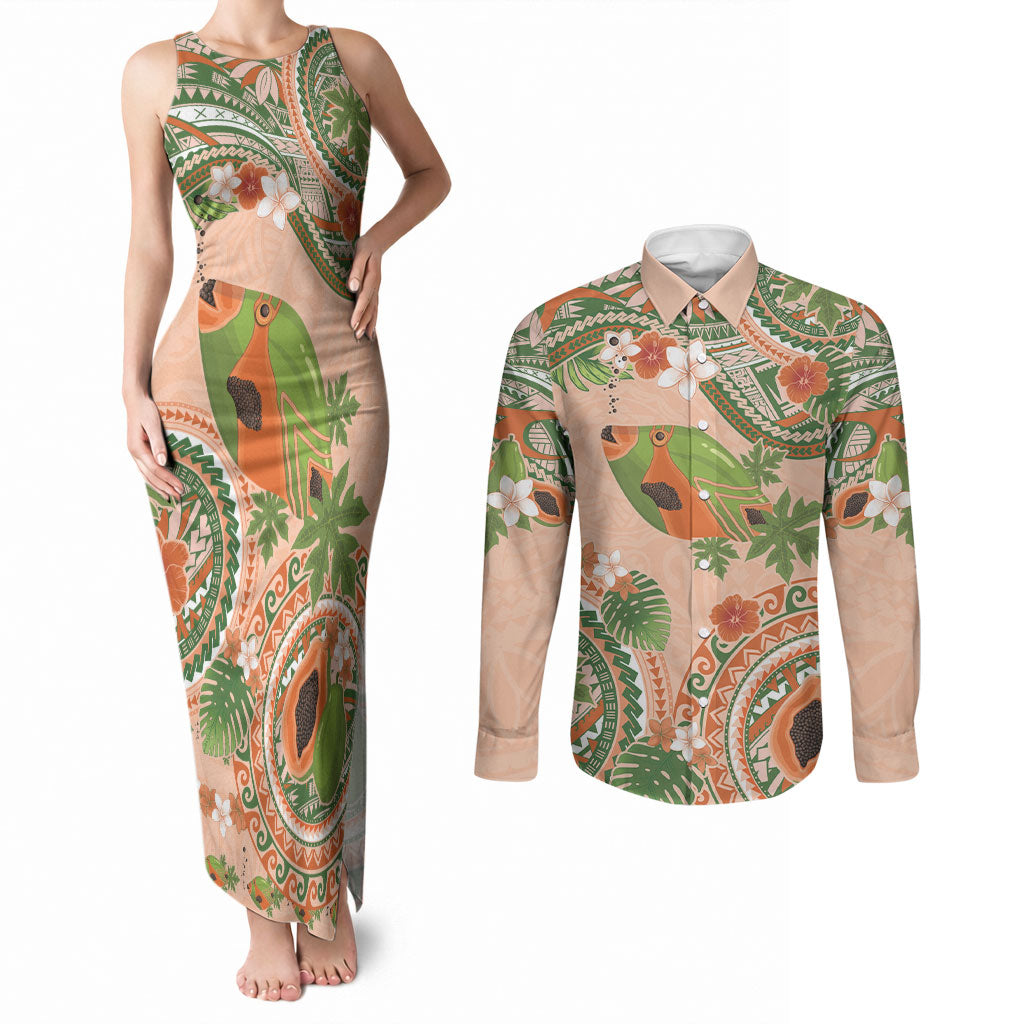 Hawaii Papaya Couples Matching Tank Maxi Dress and Long Sleeve Button Shirt Cute Cosplay Humuhumu Fish Plumeria Waves DT05 Orange - Polynesian Pride