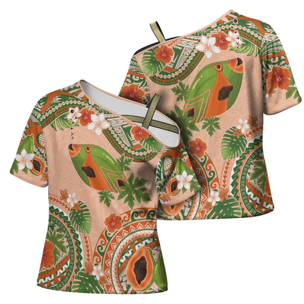 Hawaii Papaya Cross Shoulder Shirt Cute Cosplay Humuhumu Fish Plumeria Waves DT05 - Polynesian Pride