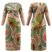 Hawaii Papaya Family Matching Long Sleeve Bodycon Dress and Hawaiian Shirt Cute Cosplay Humuhumu Fish Plumeria Waves DT05 Mom's Dress Orange - Polynesian Pride