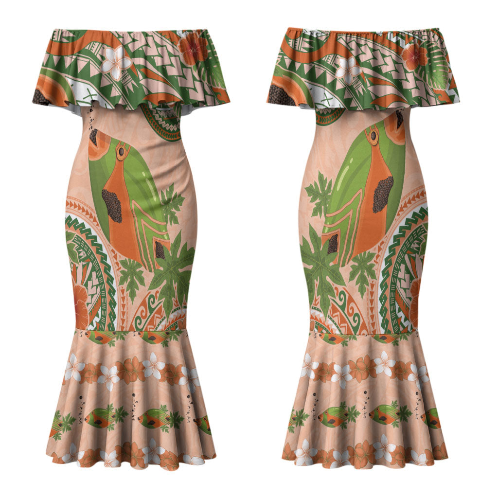 Hawaii Papaya Family Matching Mermaid Dress and Hawaiian Shirt Cute Cosplay Humuhumu Fish Plumeria Waves DT05 Mom's Dress Orange - Polynesian Pride