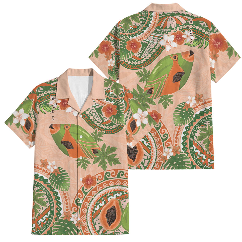Hawaii Papaya Family Matching Off Shoulder Short Dress and Hawaiian Shirt Cute Cosplay Humuhumu Fish Plumeria Waves DT05 Dad's Shirt - Short Sleeve Orange - Polynesian Pride