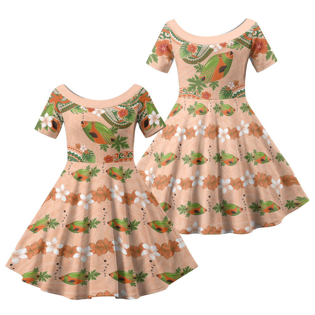 Hawaii Papaya Family Matching Off Shoulder Short Dress and Hawaiian Shirt Cute Cosplay Humuhumu Fish Plumeria Waves DT05 Daughter's Dress Orange - Polynesian Pride