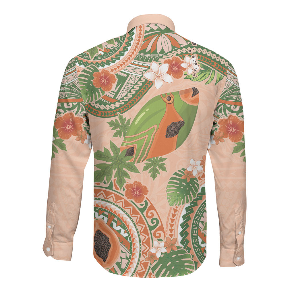 Hawaii Papaya Long Sleeve Button Shirt Cute Cosplay Humuhumu Fish Plumeria Waves DT05 - Polynesian Pride