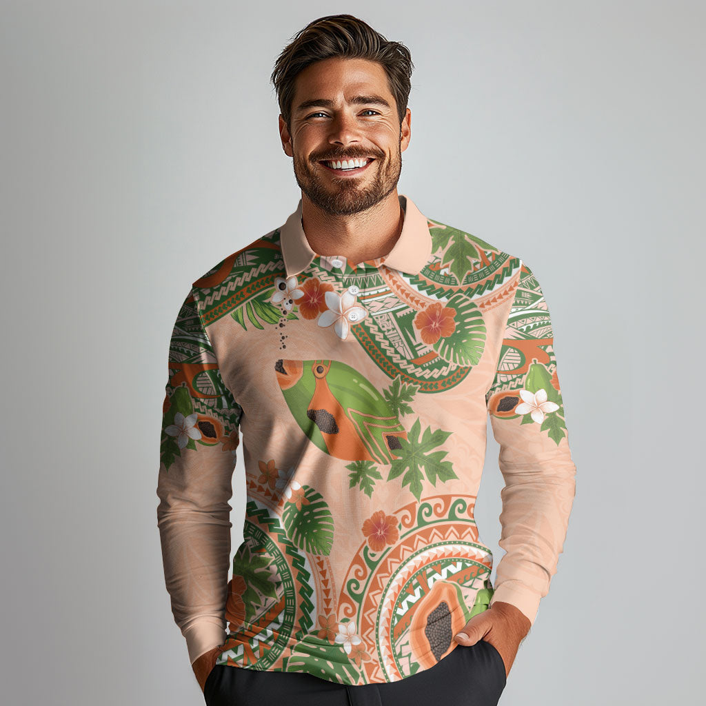 Hawaii Papaya Long Sleeve Polo Shirt Cute Cosplay Humuhumu Fish Plumeria Waves DT05 - Polynesian Pride