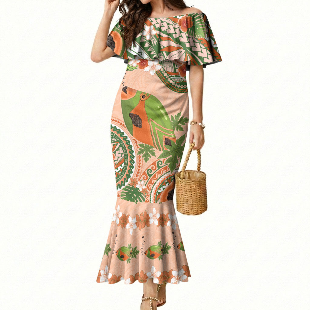Hawaii Papaya Mermaid Dress Cute Cosplay Humuhumu Fish Plumeria Waves DT05 Women Orange - Polynesian Pride