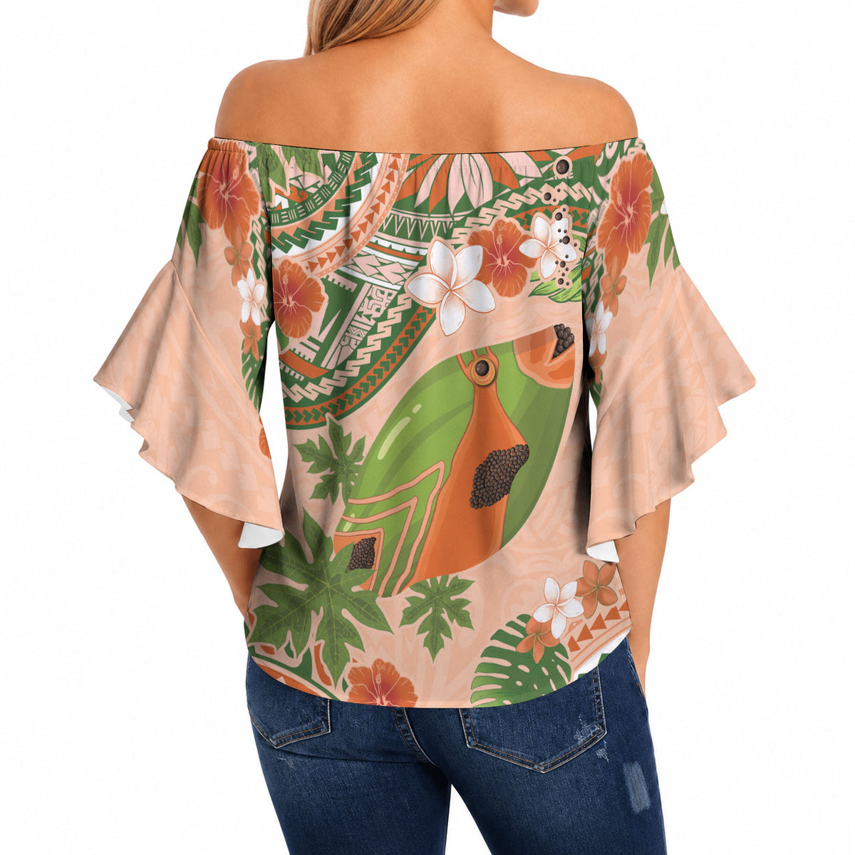 Hawaii Papaya Off Shoulder Wrap Waist Top Cute Cosplay Humuhumu Fish Plumeria Waves DT05 - Polynesian Pride
