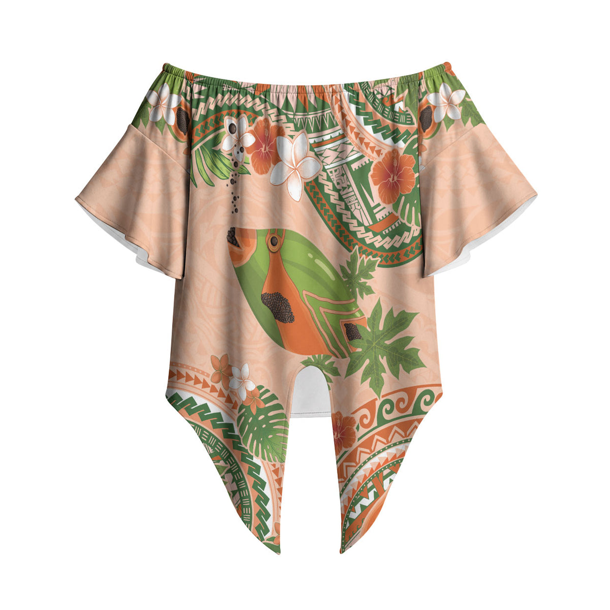 Hawaii Papaya Off Shoulder Wrap Waist Top Cute Cosplay Humuhumu Fish Plumeria Waves DT05 - Polynesian Pride